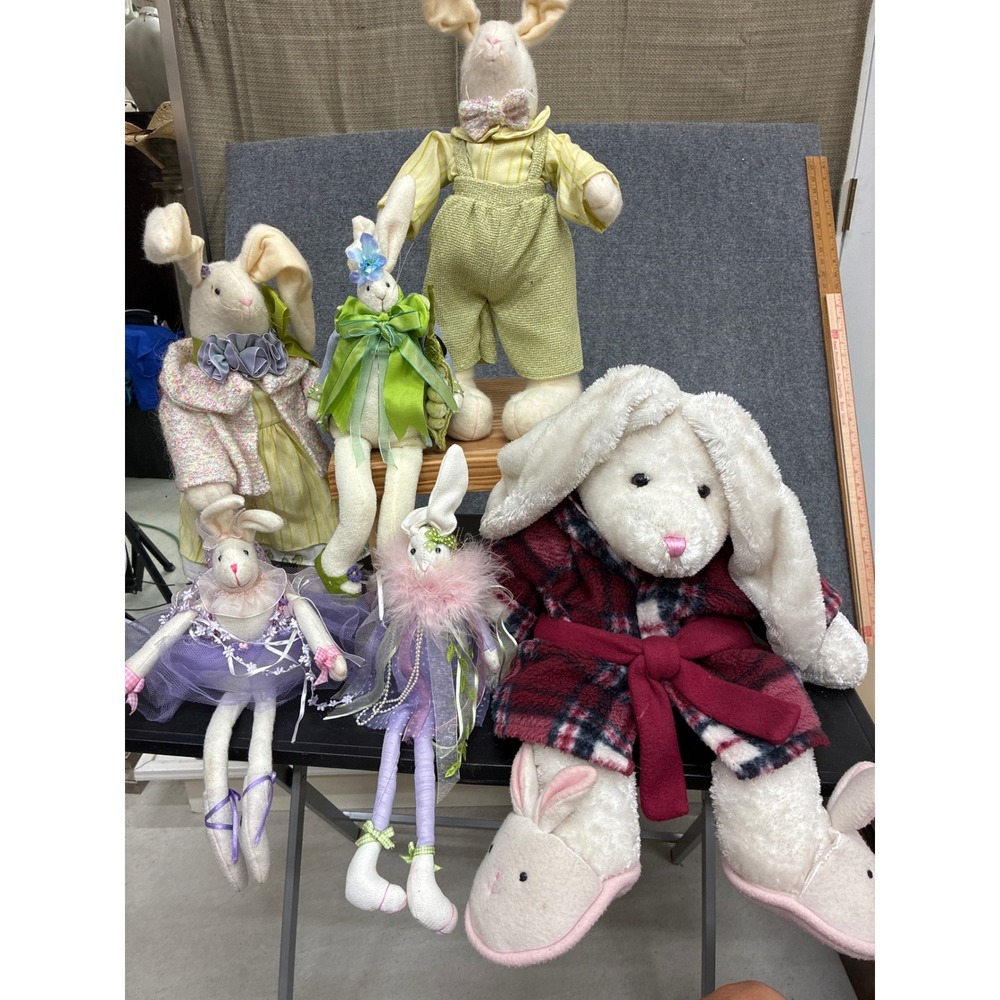 Vintage Style Easter Bunny Rabbit Plush Decor Lot of 6 Figurines Mixed Outfits